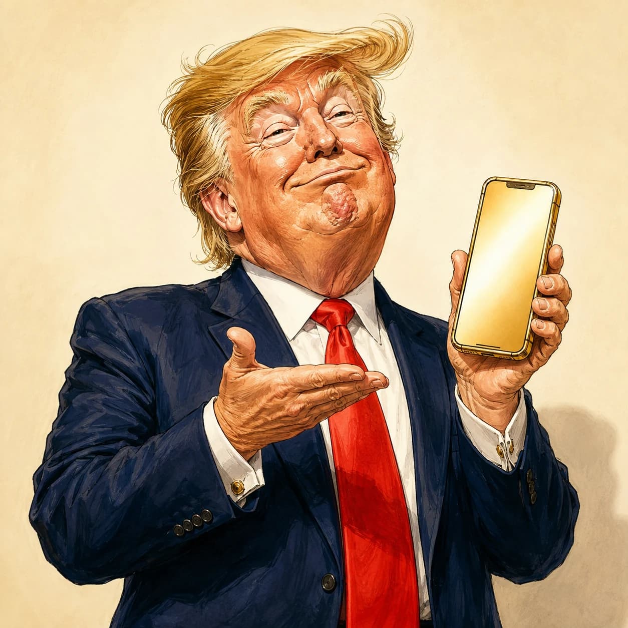 Satirical editorial illustration of Donald Trump proudly presenting a golden smartphone